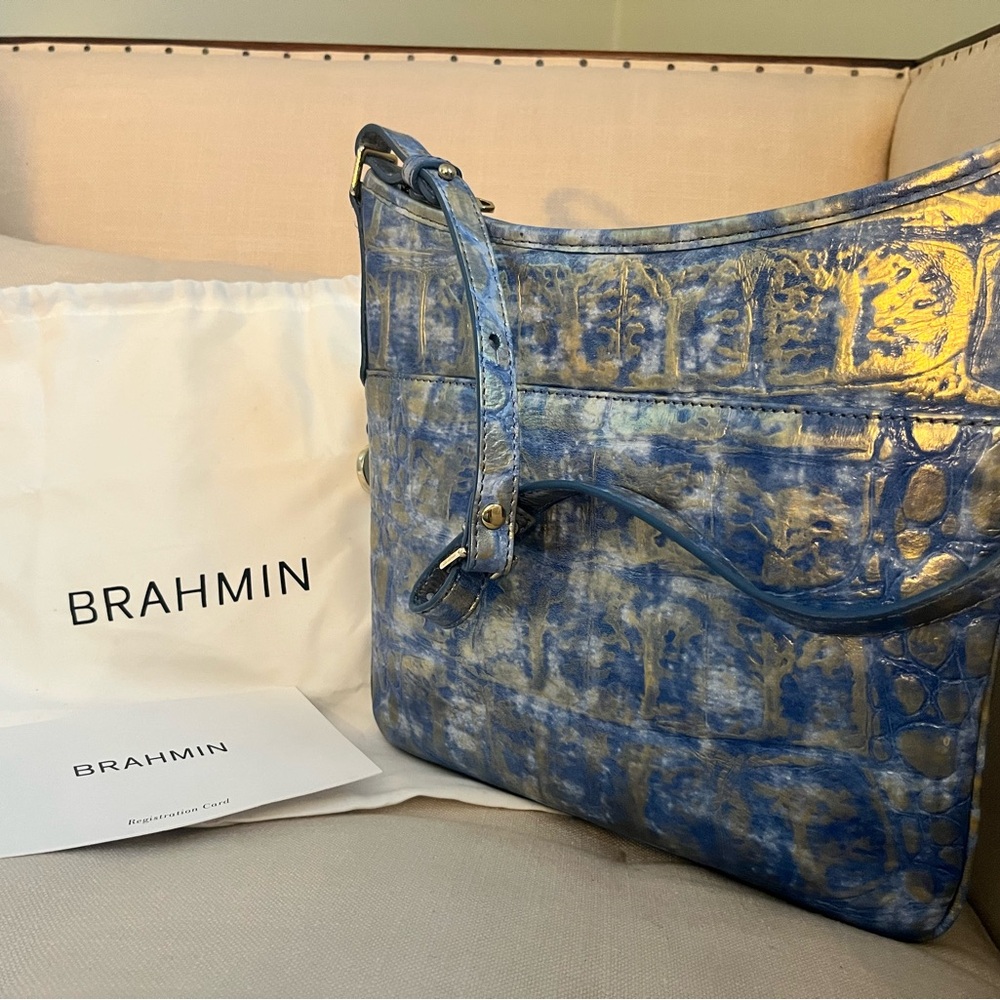 Brahmin Blue and Gold Shoulder Bag with Textured Pattern - Picture 4 of 8